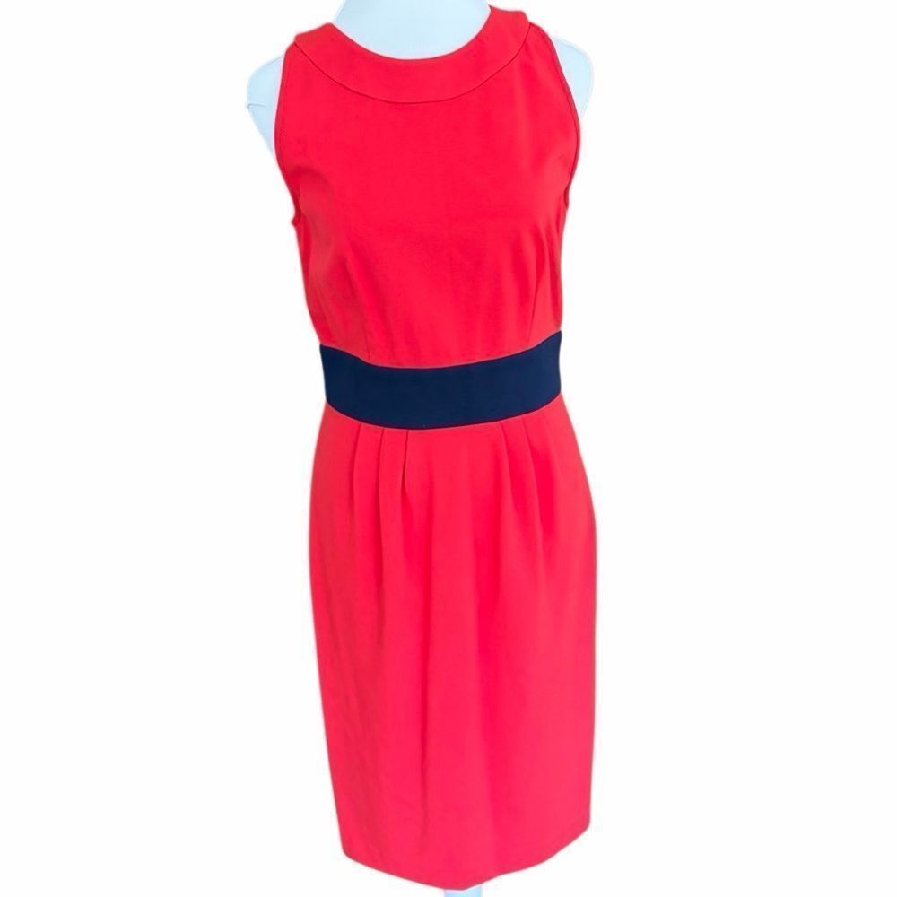 Ava & Aiden Vibrant Coral Midi Dress with Black Waistband size 6.